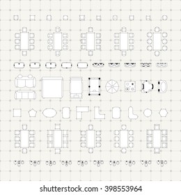 Set of simple 2d flat vector icons furniture for floor plan outline on blueprint technical grid background
