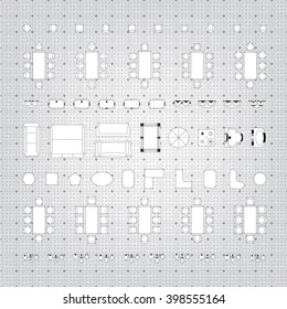 Set of simple 2d flat vector icons furniture for floor plan outline on blueprint technical grid background