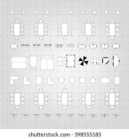 Set of simple 2d flat vector icons furniture for floor plan outline on blueprint technical grid background
