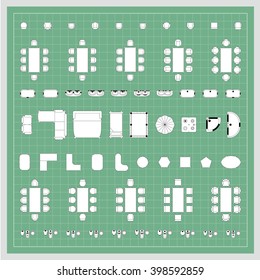 Set of simple 2d flat vector icons furniture for floor plan outline on blueprint technical grid background