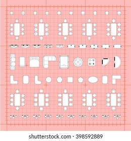 Set of simple 2d flat vector icons furniture for floor plan outline on blueprint technical grid background