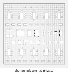 Set of simple 2d flat vector icons furniture for floor plan outline on blueprint technical grid background