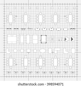 Set of simple 2d flat vector icons furniture for floor plan outline on blueprint technical grid background