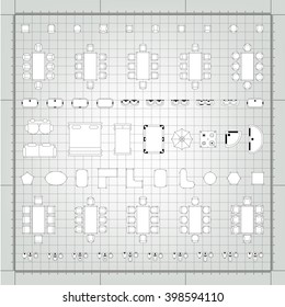 Set of simple 2d flat vector icons furniture for floor plan outline on blueprint technical grid background