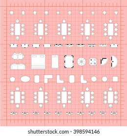Set of simple 2d flat vector icons furniture for floor plan outline on blueprint technical grid background