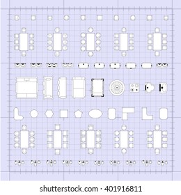 Set of simple 2d flat vector icons furniture for floor plan outline on blueprint technical grid background 