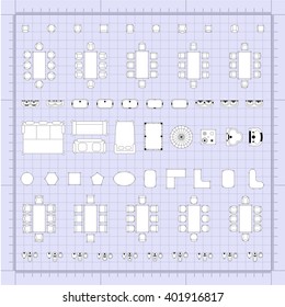 Set of simple 2d flat vector icons furniture for floor plan outline on blueprint technical grid background 