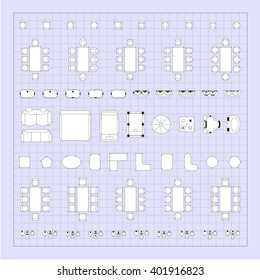Set of simple 2d flat vector icons furniture for floor plan outline on blueprint technical grid background 