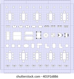 Set of simple 2d flat vector icons furniture for floor plan outline on blueprint technical grid background 