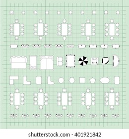 Set of simple 2d flat vector icons furniture for floor plan outline on blueprint technical grid background 