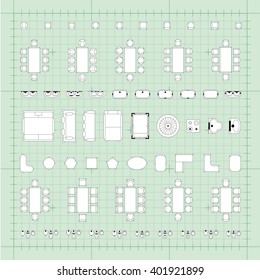 Set of simple 2d flat vector icons furniture for floor plan outline on blueprint technical grid background 