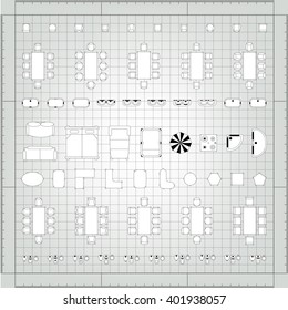 Set of simple 2d flat vector icons furniture for floor plan outline on blueprint technical grid background 