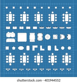 Set of simple 2d flat vector icons furniture for floor plan outline on blueprint technical grid background 