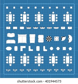 Set of simple 2d flat vector icons furniture for floor plan outline on blueprint technical grid background 