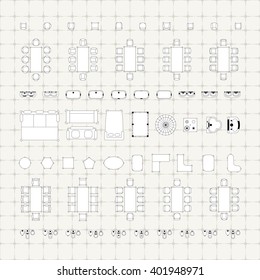 Set of simple 2d flat vector icons furniture for floor plan outline on blueprint technical grid background 