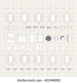 Set of simple 2d flat vector icons furniture for floor plan outline on blueprint technical grid background 