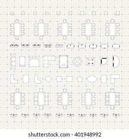 Set of simple 2d flat vector icons furniture for floor plan outline on blueprint technical grid background 
