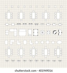 Set of simple 2d flat vector icons furniture for floor plan outline on blueprint technical grid background 