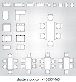 Set of simple 2d flat vector icons furniture for floor plan outline on blueprint technical grid background 