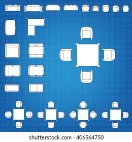 Set of simple 2d flat vector icons furniture for floor plan outline on blueprint technical grid background