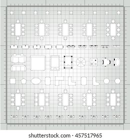 Set of simple 2d flat vector icons furniture for floor plan outline on blueprint technical grid background