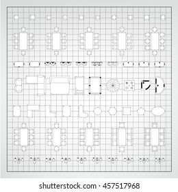 Set of simple 2d flat vector icons furniture for floor plan outline on blueprint technical grid background