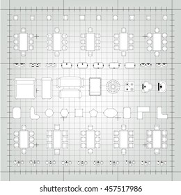 Set of simple 2d flat vector icons furniture for floor plan outline on blueprint technical grid background