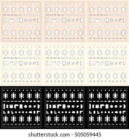 Set of simple 2d flat vector icons furniture for floor plan outline on blueprint technical grid background
