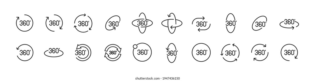 Set of simple 360 degrees line icons. Outline stroke object. Linear signs pack. Perfect for web apps and mobile.