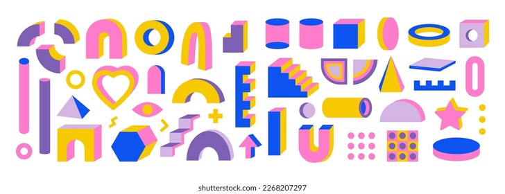 Set of simple and 3D vector geometric abstract shapes and figures with isometric views. Square, pyramid, cylinder, triangle, zigzag, dot. Futuristic bold and colorful isolated elements.