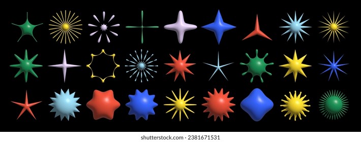 Set of simple abstract 3d vector shapes.  Flowers and stars object. Cosmic  brutalistic figures.		
