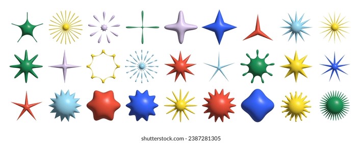 Set of simple abstract 3d vector shapes.  Flowers and stars object. Cosmic  brutalistic figures.	