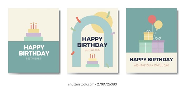 Set of simple abstract birthday greeting cards. Cake, candles, balloons.  Modern trendy minimal style, pastel colors. Design for print, typography, banner, invitation, postcard. Vector illustration