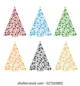 Set of simple abstract christmas tree of dots, or circles, in a triangle shape. Colored illustration on white background.