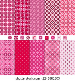 set of simple abstract flower shapes patterns seamless background in red and pink colors tone