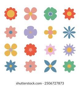 Set of simple abstract flowers in brutalism style on isolated background. Top view. Vector.