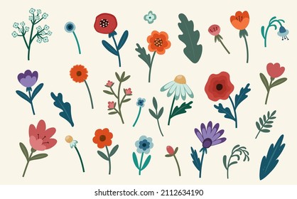 Set of simple abstract flowers in different colors. Design for decor. Vector illustration.