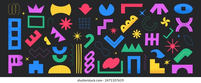 Set von einfachen abstrakten geometrischen und organischen Freiform-Formen. Lebendige Farben verschiedener handgezeichneter Figuren und verschiedener Formen im modernen trendigen Stil. Strukturierte zufällige Objekte, Doodle-Design-Elemente.