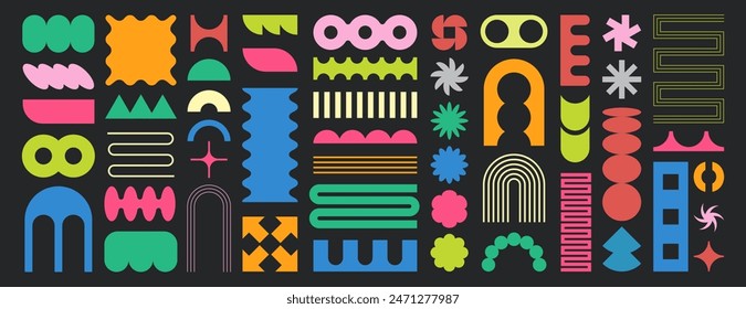 Set of simple abstract geometric shapes. Various brutal modern contemporary figures in y2k aesthetic style. Decorative different forms and stickers in vibrant colors. Bauhaus emphasis design elements.