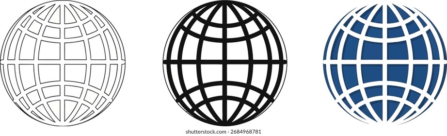 A set of simple, abstract globe icons with a grid pattern, representing the world or global concepts. Includes outline, silhouette, and a colored version.