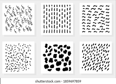 Set von einfachen abstrakten, handgezeichneten Grunge-Texturen. Sechs Vektorgrafik-Schwarz-Weiß-Muster von Punkten, Gürteln, Linien und Flecken