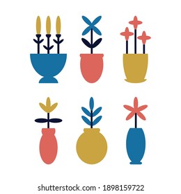 Set of simple abstract houseplants. Vector flat cartoon illustration with a collection of potted plants