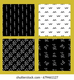 a set of simple abstract patterns; seamless vector papers; in memphis style with hand drawn doodle elements;  fashion of 80s-90s; black and white mosaic
