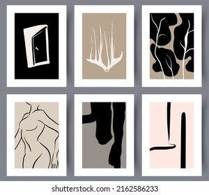 Conjunto de decoraciones abstractas de paredes de arte imprimible para el diseño interior. Colección de afiches abstraccionistas modernos para imprimir. Ilustración vectorial. 