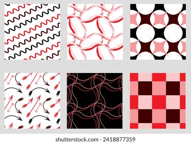 Set of simple abstract seamless patterns. Collection of flat style seamless patterns with doodle lines, checkered pattern