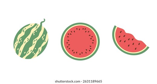 Set of simple abstract vector watermelon. Watermelon with red flesh is halved isolate on a white background.