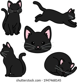 Set of simple and adorable black cat illustrations outlined