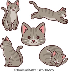 Set of simple and adorable Gray Tabby cat illustrations outlined