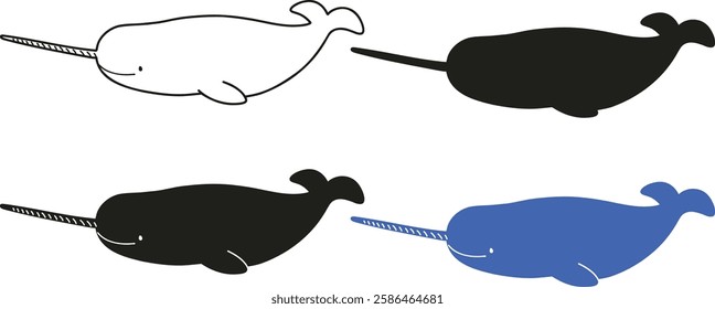 Set of simple and adorable Narwhal silhouette illustrations