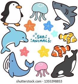 Set of simple and adorable sea animals illustrations